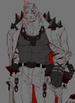  1boy animal_ears arknights bara blood blood_on_face chain_necklace feet_out_of_frame frown furry furry_male highres hinokumo_f jacket jacket_on_shoulders jewelry large_pectorals looking_at_viewer male_focus mountain_(arknights) muscular muscular_male necklace pectorals pouring scar scar_across_eye scar_on_face short_hair solo standing tiger_boy tiger_ears white_fur 