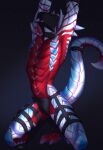  2022 anthro bdsm bondage bondage_gear bound collar covered_face gimp_mask hi_res lizard male mask muscular muscular_male necroizu raised_arms red_body red_scales reptile scales scalie solo spread_legs spreading tail tail_bondage tail_tied 