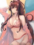  1girl bangs bikini blush breasts brown_eyes brown_hair cherry_blossoms cleavage collarbone flower hair_between_eyes hair_flower hair_ornament highres jacket kantai_collection kasumi_(skchkko) large_breasts long_hair looking_at_viewer navel open_clothes open_jacket open_mouth petals pink_flower pink_jacket ponytail solo swimsuit very_long_hair white_bikini yamato_(kancolle) 