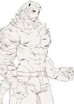  1boy abs animal_ears arknights bara denim facial_hair feet_out_of_frame furry furry_male goatee half-closed_eyes hinokumo_f jeans large_pectorals male_focus mountain_(arknights) muscular muscular_male no_nipples pants pectorals scar scar_across_eye scar_on_face short_hair solo standing stomach tiger_boy tiger_ears topless_male white_fur 