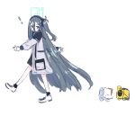  ! 1girl absurdres aqua_eyes aris_(blue_archive) black_hair blue_archive hairband halo highres jacket kaiser_penguin7 long_hair miniskirt open_clothes open_jacket robot shoes side_ponytail simple_background skirt socks solo very_long_hair walking white_background 