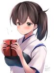  absurdres blush box brown_eyes brown_hair dated gift gift_box hair_between_eyes highres holding holding_gift japanese_clothes kaga_(kancolle) kantai_collection kimono long_hair mashiro_yukiya muneate side_ponytail signature simple_background valentine white_background 