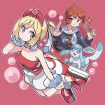  2girls anklet arezu_(pokemon) bangs blonde_hair bracelet bubble closed_mouth comb commentary_request cowlick eyelashes flute glaceon green_eyes hairband highres holding instrument irida_(pokemon) jacket jewelry long_sleeves multiple_girls pokemon pokemon_(creature) pokemon_(game) pokemon_legends:_arceus red_footwear red_hairband red_shirt sash shirt shoes shorts smile strapless strapless_shirt sutokame waist_cape white_shorts 