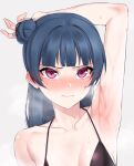  1girl absurdres arm_at_side arm_behind_head arm_up armpits bangs bare_arms bare_shoulders bikini black_bikini blue_hair blunt_bangs blush breasts closed_mouth collarbone commentary grey_background hair_bun halterneck highres long_hair love_live! love_live!_sunshine!! medium_breasts nasuno_(nasuno42) nose_blush purple_eyes simple_background single_hair_bun solo sweat swimsuit tearing_up tsushima_yoshiko upper_body water_drop wet wet_hair 