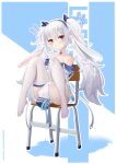  1girl absurdres animal_ears artist_name azur_lane bare_shoulders between_legs byx chair character_name chinese_commentary commentary_request dated dress feet hand_between_legs highres laffey_(azur_lane) laffey_ii_(azur_lane) legs_up long_hair long_sleeves off-shoulder_dress off_shoulder puffy_long_sleeves puffy_sleeves rabbit_ears red_eyes school_chair see-through see-through_legwear sitting sleeves_past_fingers sleeves_past_wrists solo thighhighs thighs twintails white_dress white_hair white_thighhighs 