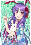  1girl alternate_costume animal_ears bangs blush breasts commentary_request cowboy_shot floral_print flower hair_flower hair_ornament highres holding_rabbit japanese_clothes jouzou kimono long_hair long_sleeves looking_at_viewer nail_polish obi open_mouth parted_bangs pink_flower pointing pointing_up print_kimono purple_hair purple_nails rabbit rabbit_ears rabbit_girl rabbit_hair_ornament red_eyes red_flower reisen_udongein_inaba sash seigaiha sidelocks small_breasts smile solo touhou very_long_hair wide_sleeves 