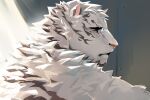  1boy animal_ears arknights bara close-up from_side furry furry_male hinokumo_f male_focus mountain_(arknights) sad short_hair solo sunlight thick_eyebrows tiger_boy tiger_ears white_fur 