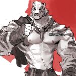  1boy abs animal_ears arknights bara chain_necklace cowboy_shot furry furry_male jewelry large_pectorals male_focus mountain_(arknights) muscular muscular_male necklace nipples onion_holic pectorals scar scar_across_eye scar_on_face shirt_on_shoulders shirt_removed short_hair sketch solo stomach tiger_boy tiger_ears topless_male white_fur 