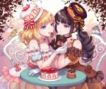  2girls animal bare_shoulders bird black_choker black_hair black_headwear blonde_hair blue_eyes bow brown_dress brown_gloves cake chair choker collarbone commentary_request dress drill_hair food food-themed_clothes fork frilled_dress frills fruit gloves hat hat_bow holding holding_fork long_hair low_twintails multiple_girls nishimura_eri off-shoulder_dress off_shoulder on_chair original purple_eyes squirrel strawberry striped striped_bow table tilted_headwear twin_drills twintails very_long_hair white_dress white_gloves white_headwear 