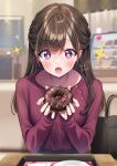  1girl :o amagi_shino artist_name bag blush brown_hair casual commentary_request doughnut eating excited eyelashes food happy highres holding holding_food long_hair open_mouth original purple_eyes receptionist_girl_(amagi_shino) signature sitting solo sparkle sparkling_eyes 