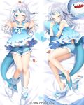  1girl bangs blue_eyes blue_hair blush breasts dakimakura_(medium) fish_tail full_body gawr_gura grey_hair hololive hololive_english kurot long_hair looking_at_viewer lying multicolored_hair multiple_views official_art on_back one_eye_closed shark_tail solo streaked_hair tail underwear virtual_youtuber 