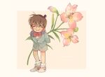  1boy arms_behind_back blue_jacket blush bow bowtie brown_hair child edogawa_conan flower glasses grin highres holding holding_flower jacket male_child male_focus meitantei_conan oversized_flower oversized_plant pink_flower red_bow semi-rimless_eyewear shoes side127 smile sneakers socks solo white_socks 
