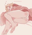  1girl ass blonde_hair blush cameltoe closed_eyes commentary drooling english_commentary feet full_body highres legs lying mathias_leth muted_color on_side original panties sketch sleeping soles solo stina_(mathias_leth) thighs toes under_covers underwear white_panties zzz 