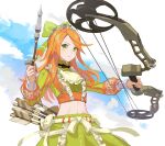  1girl arrow_(projectile) blue_sky bow bow_(weapon) cloud commentary_request compound_bow crop_top day etie_(fire_emblem) fire_emblem fire_emblem_engage green_bow green_eyes green_shirt green_skirt hair_bow highres holding holding_arrow holding_bow_(weapon) holding_weapon long_hair long_sleeves looking_at_viewer midriff mikami navel orange_hair shirt skirt skirt_set sky solo stomach tiara weapon 