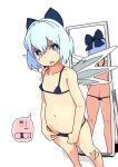  1girl ass bikini blue_eyes blue_hair bow butt_crack cirno commentary_request covered_nipples flat_ass groin hair_bow huxiao_(mistlakefront) ice ice_wings medium_hair micro_bikini mirror navel open_mouth reflection signature solo swimsuit touhou translation_request v-shaped_eyebrows wings 