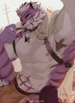  1boy abs absurdres armpit_hair armpits bara belt_pull brown_male_underwear bulge chest_belt commission diamond_(shape) facial_hair feet_out_of_frame forked_eyebrows furry furry_male goatee goo_(koushishikou11) grin highres jewelry large_pectorals leg_up loincloth looking_at_another male_focus male_underwear multicolored_hair muscular muscular_male navel necklace necklace_in_mouth nipples original pectorals presenting_armpit pulled_by_self purple_fur sadiend seductive_smile short_hair smile solo stomach streaked_hair thick_eyebrows thick_thighs thighs tiger_boy topless_male two-tone_fur underwear white_hair 