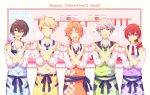  5boys :d :q ;o ^_^ ahoge apron bangs black_hair blonde_hair blue_apron blue_eyes blue_ribbon blush candy checkered_apron checkered_clothes closed_eyes closed_mouth collared_shirt commentary_request earrings ensemble_stars! food green_apron grey_hair hair_between_eyes hands_up happy_valentine heart heart_hands heart_hands_duo holding holding_food holding_whisk jar jewelry kina_(446964) ladle long_sleeves looking_at_viewer low_ponytail male_focus medium_hair multiple_boys narukami_arashi one_eye_closed open_mouth orange_apron orange_hair paper parted_bangs parted_lips ponytail purple_apron purple_eyes red_eyes red_hair ribbon sakuma_ritsu sena_izumi_(ensemble_stars!) shelf shirt short_hair short_ponytail sleeves_past_elbows sleeves_rolled_up smile spatula standing suou_tsukasa swept_bangs teeth tongue tongue_out tsukinaga_leo upper_teeth_only whisk white_shirt window wing_collar yellow_apron 