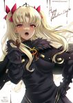  1girl bangs black_cape black_dress black_gloves blonde_hair blush breasts candy cape chocolate dark-skinned_female dark_skin dress earrings ereshkigal_(fate) ereshkigal_alter_(fate) fate/grand_order fate_(series) food fur-trimmed_cape fur_trim gloves hair_ribbon happy_valentine heart heart-shaped_chocolate highres hoop_earrings jewelry long_hair long_sleeves looking_at_viewer medium_breasts open_mouth parted_bangs red_eyes ribbon ryuuneart solo tiara two_side_up 