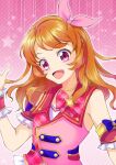  1girl aikatsu! aikatsu!_(series) bead_necklace beads commentary_request detached_sleeves frills head_tilt jewelry lo_lis necklace oozora_akari open_mouth orange_hair pink_background pink_eyes pink_vest smile solo star_(symbol) starry_background upper_body vest wrist_cuffs 