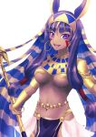  1girl animal_ears blonde_hair breasts commentary_request earrings egyptian_clothes facial_mark fate/grand_order fate_(series) gold hair_tubes hairband highres holding holding_scepter hoop_earrings jackal_ears jewelry lo_lis medium_breasts multicolored_hair navel nitocris_(fate) open_mouth purple_eyes purple_hair revealing_clothes scepter smile solo two-tone_hair upper_body usekh_collar 