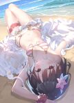  1girl absurdres beach bikini breasts closed_mouth commentary_request flower granblue_fantasy hair_flower hair_ornament highres horizon knees_up looking_at_viewer lying mouse navel ocean on_back outdoors pink_bikini pink_flower small_breasts star_(symbol) striped striped_bikini swimsuit thigh_strap ukiwakisen vikala_(blooming_summer_wallflower)_(granblue_fantasy) vikala_(granblue_fantasy) white_bikini 