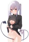  1girl absurdres bangs between_legs black_sweater blush breasts brown_eyes cleavage_cutout closed_mouth clothes_lift clothing_cutout commentary_request demon_tail grey_hair groin hair_between_eyes highres large_breasts lifted_by_self long_hair looking_at_viewer memekko navel nipples original pussy_juice simple_background solo sweater sweater_lift tail tail_between_legs turtleneck turtleneck_sweater twintails very_long_hair white_background 