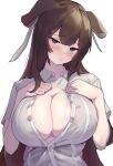  animal_ears azur_lane breast_suppress breasts brown_hair cleavage closed_mouth cow_ears cow_girl glaring head_tilt highres huge_breasts jitome kashino_(azur_lane) large_breasts light_blush long_hair looking_at_viewer no_bra ossou_rocket partially_unbuttoned purple_eyes simple_background solo tagme upper_body very_long_hair white_background 
