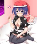  1girl absurdres bangs black_dress black_thighhighs blue_eyes blue_hair blush breasts cleavage commentary_request doremy_sweet dream_world_(touhou) dress full_body guard_vent_jun hair_between_eyes hat heart highres lap_pillow_invitation large_breasts looking_at_viewer mimikaki nightcap no_shoes on_bed open_mouth pom_pom_(clothes) red_headwear sash short_dress short_hair smile solo thighhighs touhou white_sash window yes yes-no_pillow 
