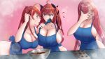  &gt;:( 3girls absurdres ahoge angry apron azur_lane breasts bremerton_(azur_lane) candy chocolate chocolate_making cleavage color_connection commentary facepalm food heart heart-shaped_chocolate highres holding holding_spatula honolulu_(azur_lane) huge_breasts long_hair looking_at_another lunar_avenger mixed-language_commentary multicolored_hair multiple_girls naked_apron ponytail red_eyes red_hair spatula streaked_hair tongue tongue_out twintails v-shaped_eyebrows valentine yellow_eyes zara_(azur_lane) 