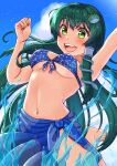  1girl alternate_costume bangs bikini blue_bikini blue_sarong blue_sky blush breasts cloud commentary day foot_out_of_frame frog_hair_ornament green_eyes green_hair green_nails hair_ornament highres jouzou jumping kochiya_sanae long_hair looking_at_viewer medium_breasts nail_polish navel open_mouth outdoors sarong single_hair_tube single_sidelock sky smile snake_hair_ornament solo swimsuit teeth toenail_polish toenails touhou upper_teeth_only water wet 