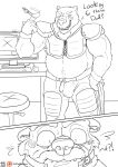  2018 anthro anthro_on_anthro bear beard belt biceps blush bottomwear clothing comic computer computer_mouse dialogball_gag dialogue duo english_text facial_hair father father_and_child father_and_son football_gear furniture hi_res incest_(lore) key male male/male mammal mature_male monochrome musclegut muscular muscular_male navel pants parent parent_and_child plaguedobsession smile son stool text 