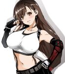  1girl black_gloves brown_eyes brown_hair commentary_request crop_top eyelashes final_fantasy final_fantasy_vii gloves happy highres long_hair looking_at_viewer midriff navel shirt simple_background sketch smile solo standing sukeno_yoshiaki tifa_lockhart white_background white_shirt 