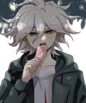  1boy :d absurdres bangs blush card collarbone commentary_request danganronpa_(series) danganronpa_2:_goodbye_despair flipped_hair green_eyes green_jacket grey_hair grey_shirt highres holding holding_card hood hood_down hooded_jacket jacket komaeda_nagito long_sleeves medium_hair messy_hair open_mouth print_shirt shirt smile solo sweat usami_(danganronpa) white_background zhou_ben 