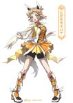  1girl :d adapted_costume alternate_costume black_shorts blonde_hair boots commentary_request eyelashes fingerless_gloves gloves hair_ornament hairclip happy highres knee_boots kneehighs looking_at_viewer open_mouth orange_skirt senki_zesshou_symphogear senki_zesshou_symphogear_xd_unlimited shorts shorts_under_skirt simple_background skirt smile socks solo standing tachibana_hibiki_(symphogear) translation_request twitter_username white_background yellow_eyes yukitsuba_hina 