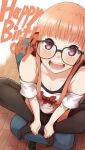  1girl :d black_thighhighs blush breasts chair cleavage crossed_ankles english_text from_above glasses happy_birthday highres kurosususu long_hair looking_up off-shoulder_shirt off_shoulder open_mouth orange_hair persona persona_5 purple_eyes sakura_futaba shirt sitting small_breasts smile solo thighhighs 