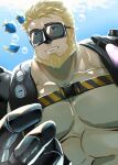  1boy abs andrew_(live_a_hero) bara bare_pectorals beard blonde_hair chest_belt cyborg diving facial_hair fish goggles happy hinokumo_f large_pectorals live_a_hero male_focus mature_male muscular muscular_male pectorals prosthetic_hand short_hair smile solo underwater upper_body 