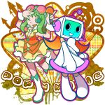  2girls alt_(pop&#039;n_music) dress elbow_gloves eyelashes gloves goggles goggles_on_head green_eyes gumi hajime_(vasu) headset highres holding holding_microphone long_hair microphone mouse_(computer) multiple_girls official_style one_eye_closed open_mouth orange_dress pop&#039;n_music red-tinted_eyewear robot robot_girl thigh_strap tinted_eyewear vocaloid white_footwear white_gloves wrist_cuffs 