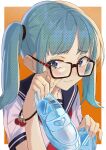  1girl aqua_eyes aqua_hair bangs bespectacled blue_eyes blue_footwear blue_sailor_collar blush border bracelet brown-framed_eyewear cherry cinderella_(vocaloid) closed_mouth commentary fingernails food fruit glass_footwear glass_slipper glasses gradient_background hair_tie halftone hand_on_own_face hatsune_miku heart highres holding holding_shoes jewelry long_hair looking_at_viewer neckerchief orange_background outside_border piku_39 rectangular_eyewear red_neckerchief sailor_collar school_uniform semi-rimless_eyewear serafuku shoes shoes_removed short_sleeves sleeve_cuffs solo tears twintails under-rim_eyewear upper_body vocaloid white_border white_serafuku wiping_tears 