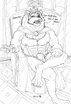  absurd_res anthro balls bottomwear breasts bulge chair claws clothed clothing english_text feet felid fur furniture genitals hair hi_res lion loincloth male male/male mammal muscular nipples nude open_mouth palace pantherine pawpads paws penis sex slave solo text toes underwear wanroywolf white_body 