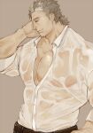  1boy bara chest_hair facial_hair from_side goatee hinokumo_f large_pectorals long_sideburns male_focus mature_male medium_hair mononobe_kyoma multicolored_hair muscular muscular_male pectorals see-through shirt sideburns solo streaked_hair tokyo_afterschool_summoners upper_body wet wet_clothes wet_shirt 