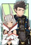  1boy 1girl :3 animal_ears arm_around_shoulder blush brown_hair cat_ears chest_jewel covered_abs dress ear_covers facial_hair fingerless_gloves frown gloves goatee grey_hair highena highres husband_and_wife nia_(xenoblade) rex_(xenoblade) smile xenoblade_chronicles_(series) xenoblade_chronicles_3 yellow_eyes 