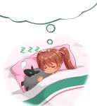  1girl blush_stickers brown_eyes brown_hair closed_eyes closed_mouth commission dreaming izumikuma kantai_collection libeccio_(kancolle) long_hair pillow pixiv_commission smile solo thought_bubble twintails zzz 