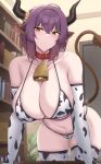  1girl absurdres animal_ears animal_print arknights bangs bell bikini book bookshelf breasts collarbone commentary cow_ears cow_girl cow_print cow_tail duplicate elbow_gloves gloves highres horns huge_breasts indoors kanta_(kanta_077) looking_at_viewer navel neck_bell pixel-perfect_duplicate purple_hair short_hair sideroca_(arknights) solo stomach sweat swimsuit tail thighhighs thighs white_bikini white_gloves white_thighhighs yellow_eyes 