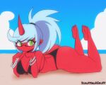  animated beach big_breasts bikini breasts butt cleavage clothed clothing demon demon_humanoid eyewear female glasses horn humanoid humanoid_pointy_ears kneesocks_daemon looking_at_viewer loop lying not_furry on_front panty_and_stocking_with_garterbelt scruffmuhgruff seaside short_playtime solo swimwear 