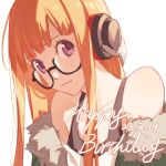  1girl bare_shoulders black-framed_eyewear blush closed_mouth collarbone commentary_request fur-trimmed_jacket fur_trim glasses green_jacket happy_birthday head_tilt headphones highres jacket long_hair looking_at_viewer open_clothes open_jacket orange_hair persona persona_5 purple_eyes sakura_futaba simple_background smile solo straight_hair tsubsa_syaoin white_background 