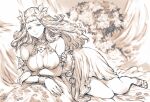  1girl armband bracer breasts cleavage dress fabric final_fantasy final_fantasy_xiv greyscale hair_ornament highres large_breasts leaf_hair_ornament light_smile long_hair looking_at_viewer makimura_shunsuke monochrome nophica resting sandals solo waistband wavy_hair 