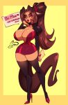  anthro big_breasts breasts brown_hair cleavage clothed clothing dialogue domestic_cat dress felid feline felis female hair hi_res legwear letter long_hair long_tail looking_away mammal nelle_(belise) ooo-belise-ooo ponytail simple_background solo speech_bubble tail thigh_highs tsundere watermark yellow_background 