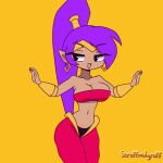  animated big_breasts bouncing_breasts breasts dancing ear_piercing ear_ring female genie hair humanoid humanoid_pointy_ears loop not_furry open_mouth open_smile orange_background piercing ponytail ring_piercing scruffmuhgruff shantae shantae_(series) simple_background smile solo wayforward 