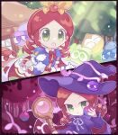  1girl 1other andou_ringo apple apple_hair_ornament apple_poison blue_dress chibi cinderella dress drill_hair flower food food-themed_hair_ornament fruit green_eyes hair_ornament hat holding holding_food holding_fruit puyo_(puyopuyo) puyopuyo puyopuyo_quest red_apple red_hair ribbon user_hguh3744 witch_hat yellow_ribbon 