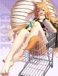  1girl :d absurdres animal_ears apple arknights bare_legs barefoot black_jacket ceobe_(arknights) character_name commentary_request dog_ears dog_tail fang food fruit highres holding holding_food holding_fruit jacket long_hair long_sleeves open_mouth orange_eyes orange_hair purple_background shopping_cart sitting siyu_csy smile solo tail very_long_hair 